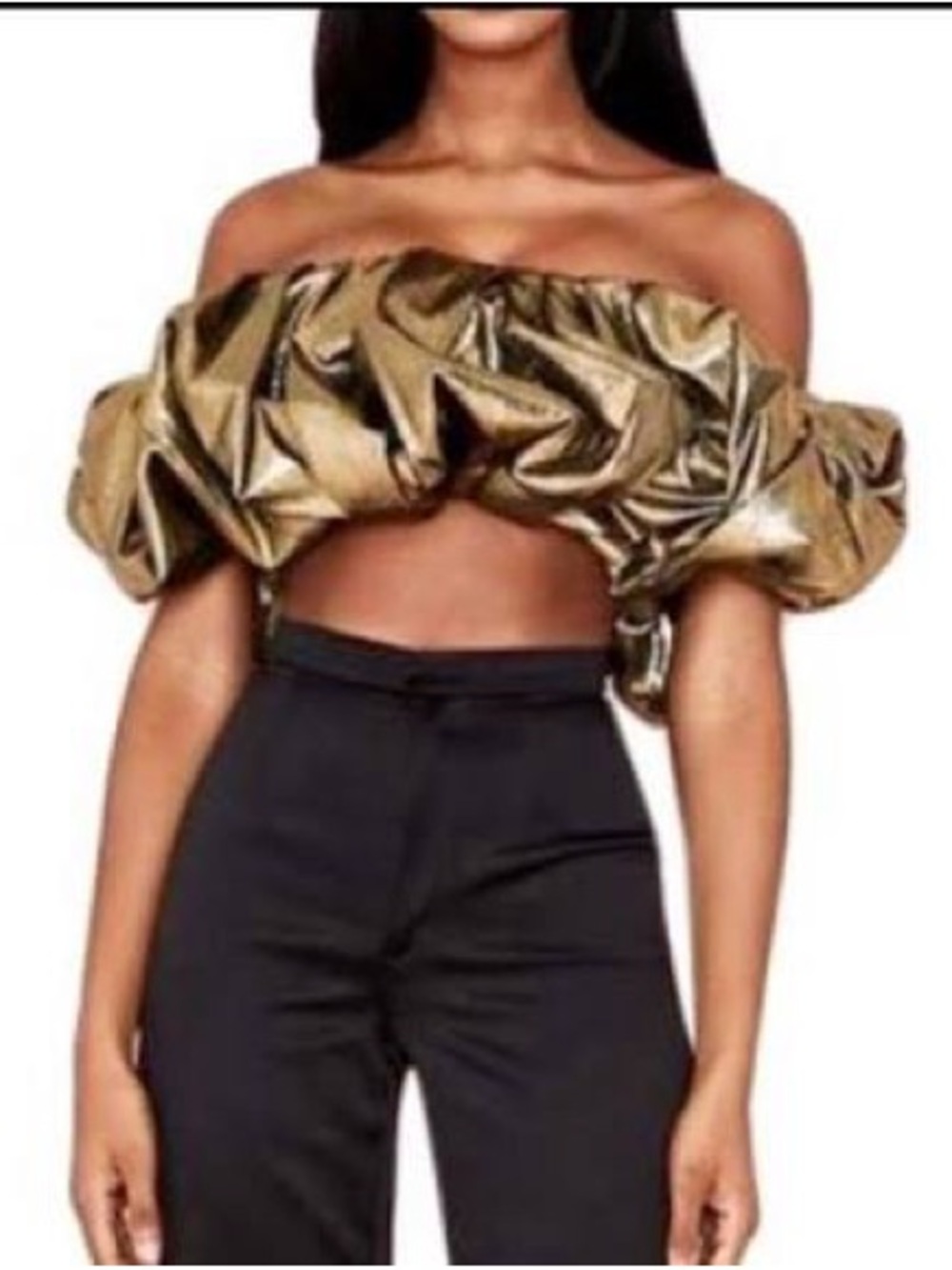 House of CB Metallic Gold Off-Shoulder Ruffle Crop Delphina Top - NWT - XS